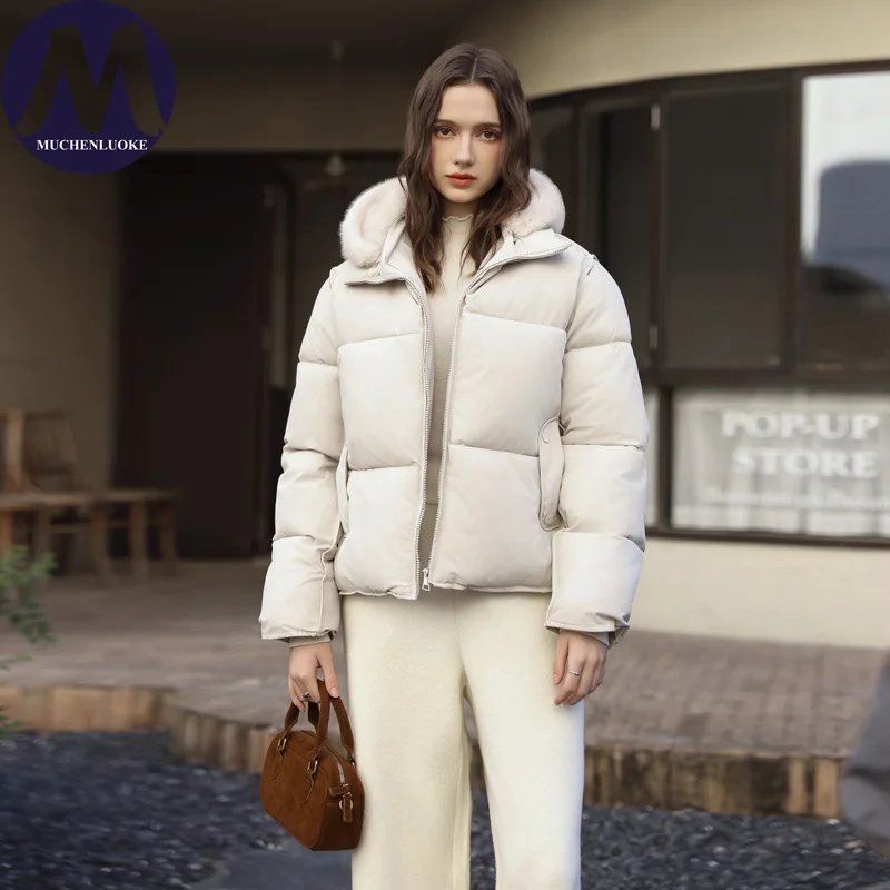 

Winter Women's Elegant Imitation Mink Parka Jacket with Hat Thick Warm Short Casual Loose Korean Fashion Coat
