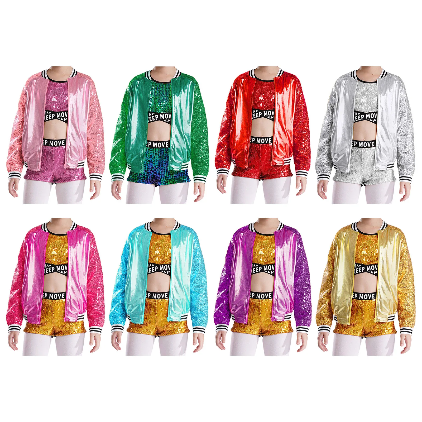 Kids Girls Sequins Jacket Long Sleeve V Stand Collar Zipper Closure Metallic Coat Outerwear for Hip-hop Streetwear Performance