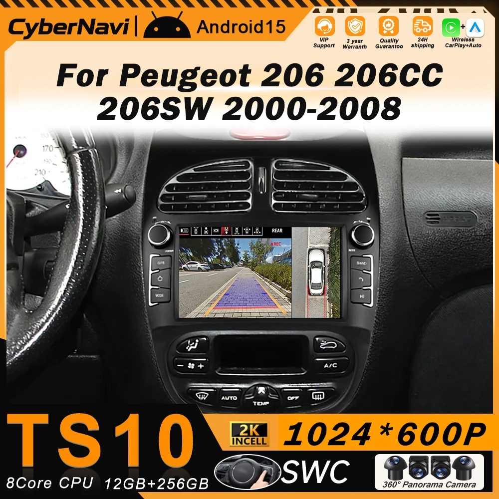 Autoradio Carplay Navigation GPS 7inch Android For Peugeot 206 206CC 206SW 2000-2008 Multimedia Player Stereo QLED Screen WiFi