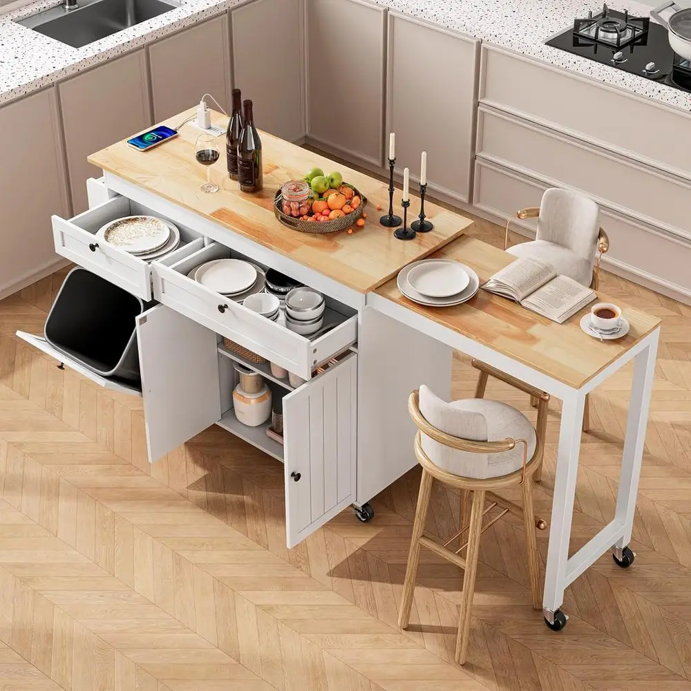 

White 81.7 Expandable Dining Kitchen Island with Rolling Cart, Trash Bin, Power Outlet, Spice & Towel Racks