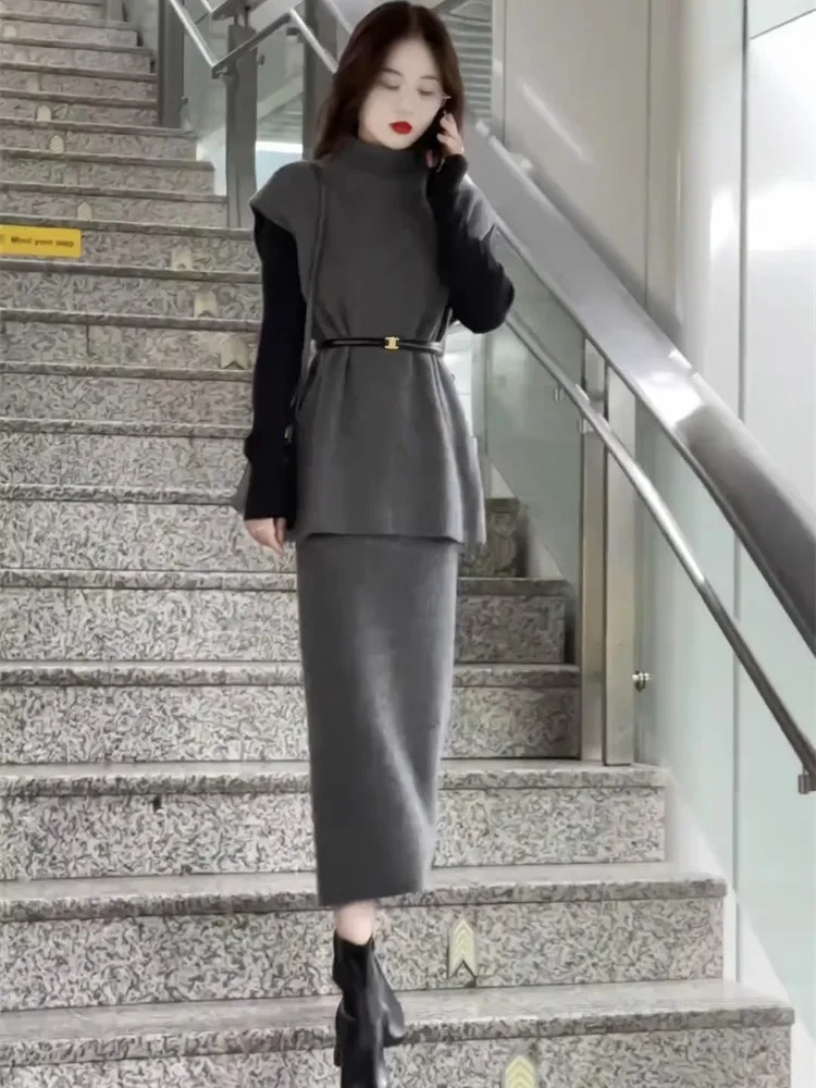 

Осенний новый модный универсальный высококачественный простой дизайн, темпераментный жилет + полуюбка, комплект из двух предметов для женщин