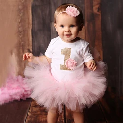 Baby Girl First 1st Birthday Party Dress Cute Christening Outfits One Year Baby Girl Bodysuit and Tutu Dress Newborn Set