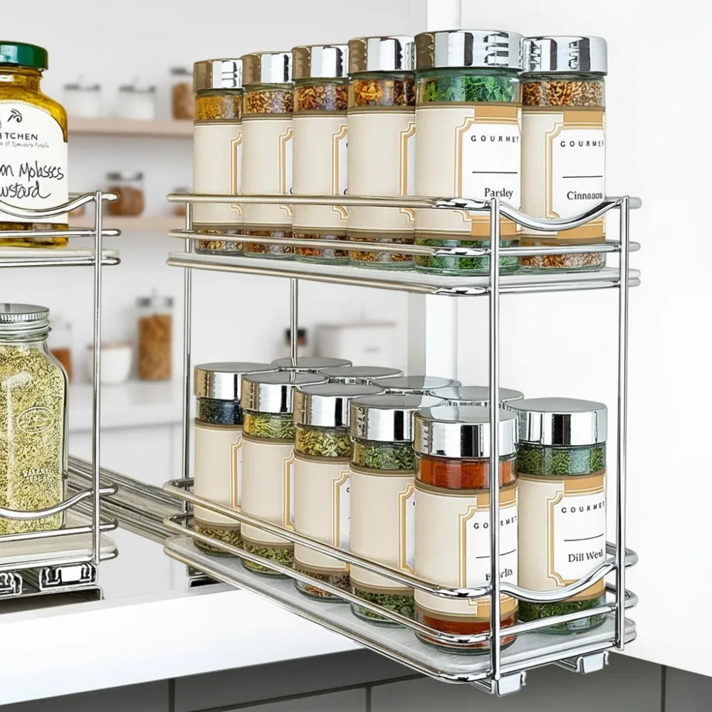

Выдвижной органайзер для специй для кухонных шкафов — 2-х уровневый выдвижной ящик, хромированная полка