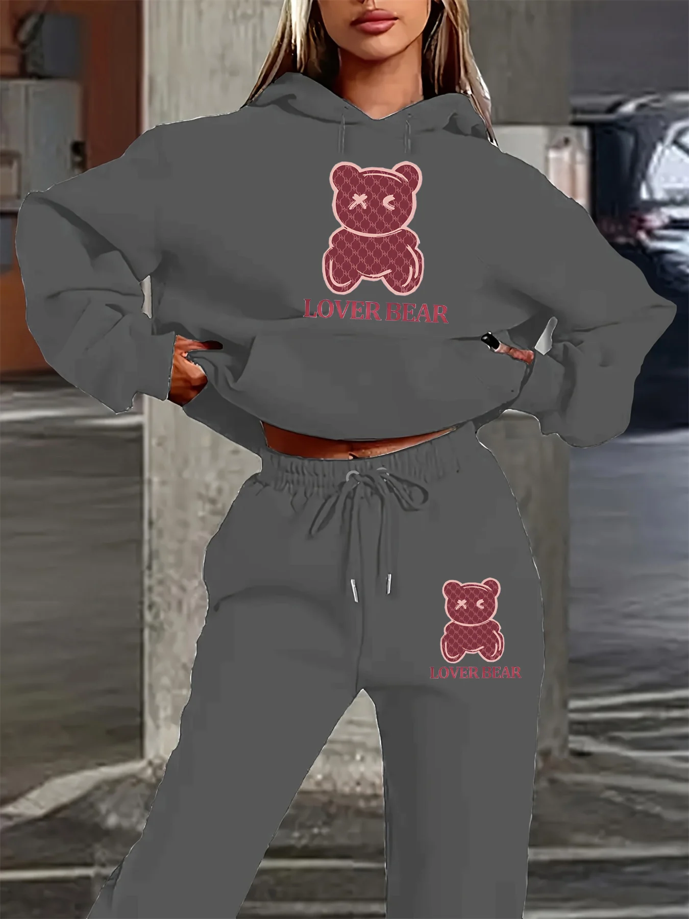 Feminino outono e inverno moda casual solto hip hop rua dos desenhos animados urso padrão impresso quente hoodie + calças esportivas conjunto