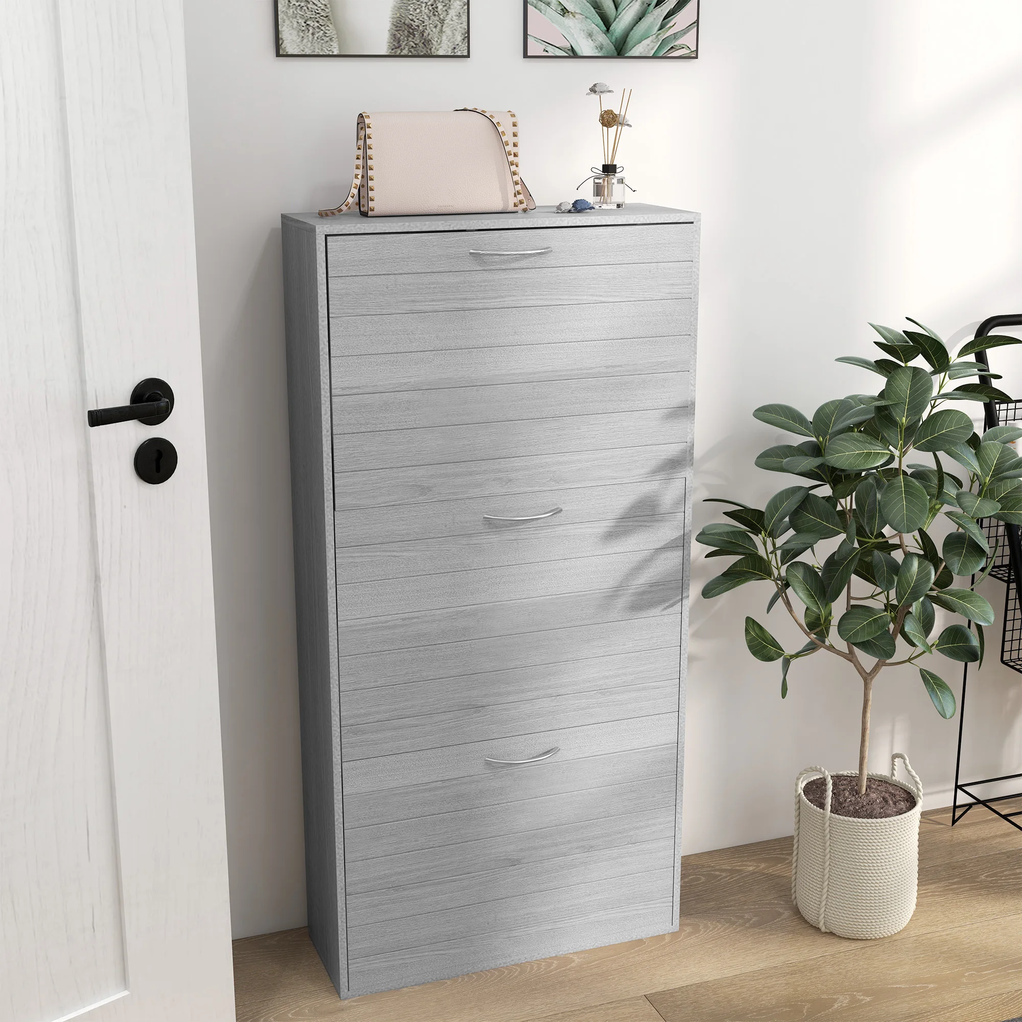 12-Shoe Flip Drawer Storage Cabinet – Grey Wood-Effect