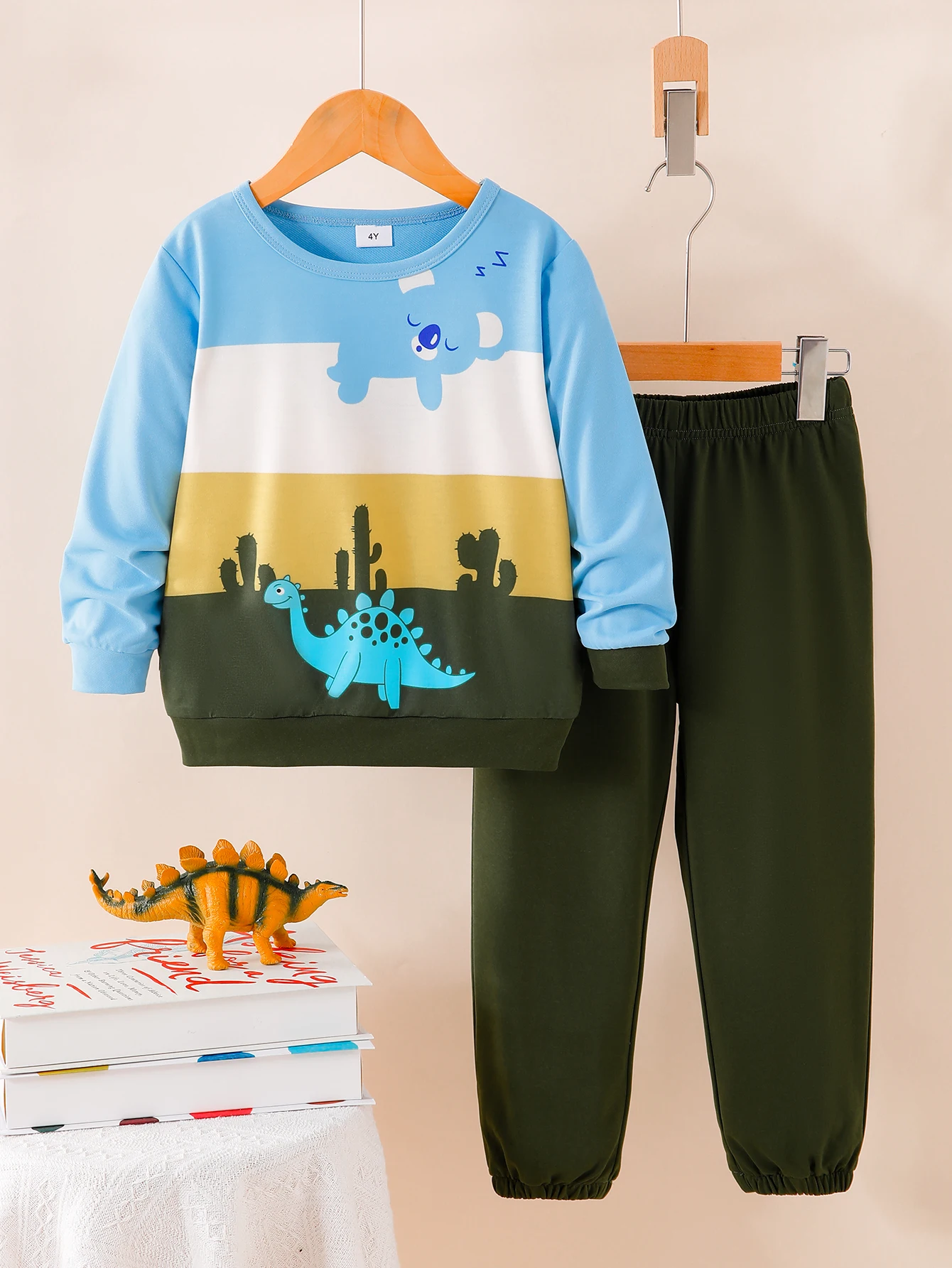 2-Pack Boys' Autumn Long Sleeve Top And Comfortable Pants Set Dinosaur Pattern Color Block Design Boy's Fashion Casual Outfit