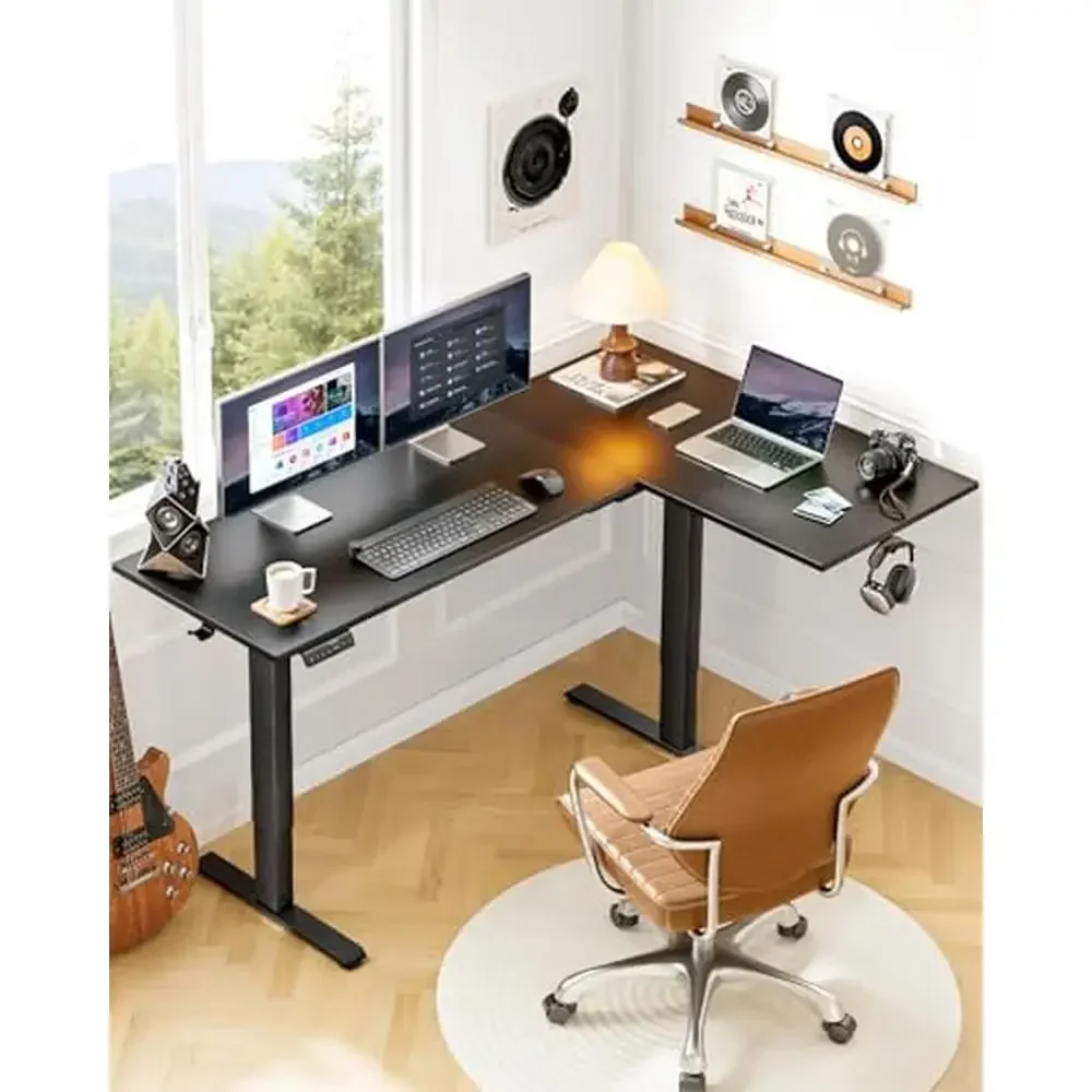 63x40 inch Dual Motor L-Shaped Standing Desk Cable Management Tray Height Adjustable Corner Computer Desk with Storage Hooks