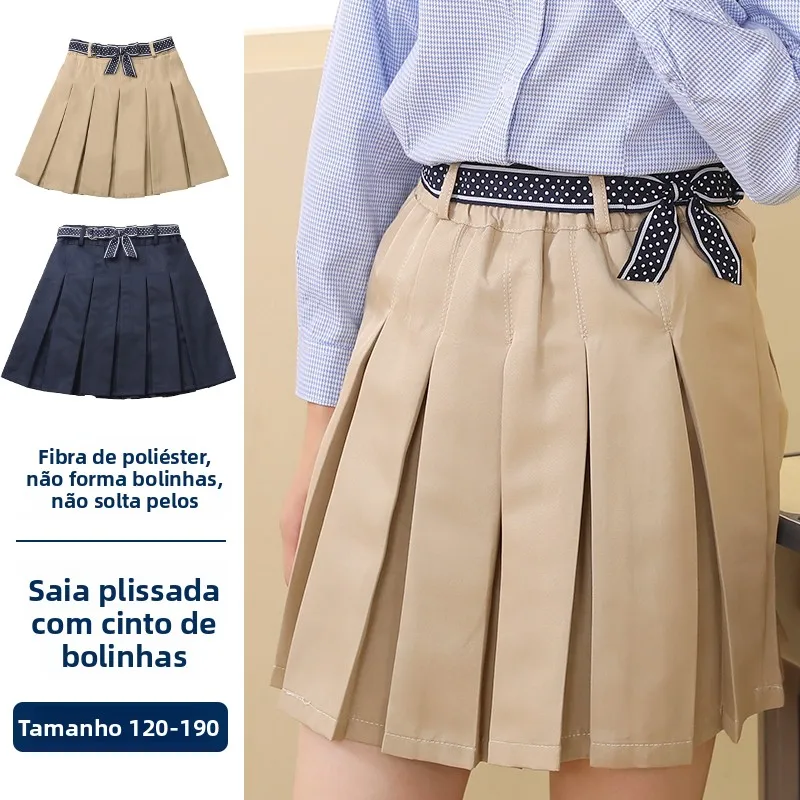 女子生徒用膝丈スカート、学校制服風プリーツカーキ色、春秋必須アイテム、小学生向けブルー