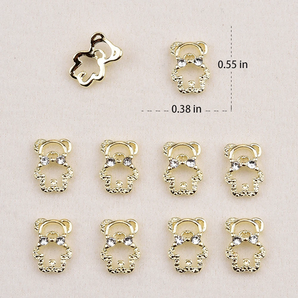 10pcs  Gold Metal Nail Bear Charms 3d Nail Decoration Studs Rhinestone Hollow Bows Bear Design for Jewelry Making DIY Ornament