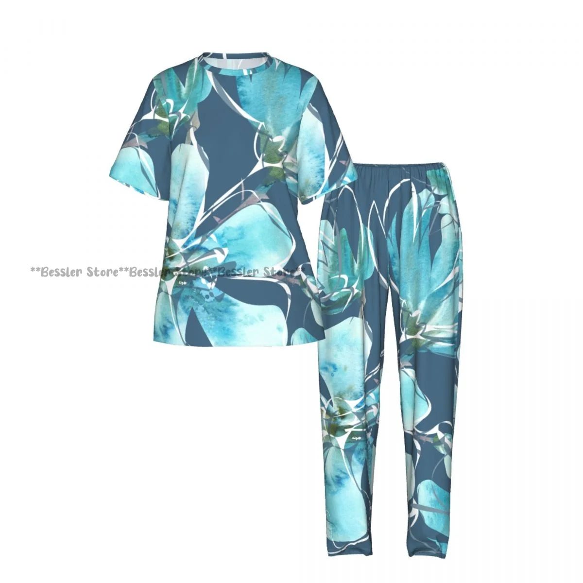 Women's Watercolor Floral Teal short sleeve trousers casual pajamas set