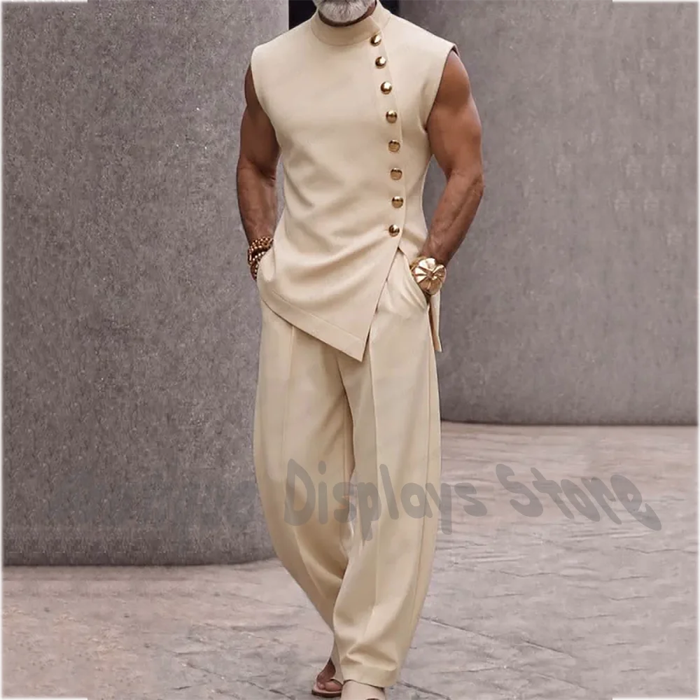 New Designer Men Suit Fashion Runway Chic Sleeveless O Neck Single Breasted Incline Slim Fit Smart Casual Daily Jacket Pants