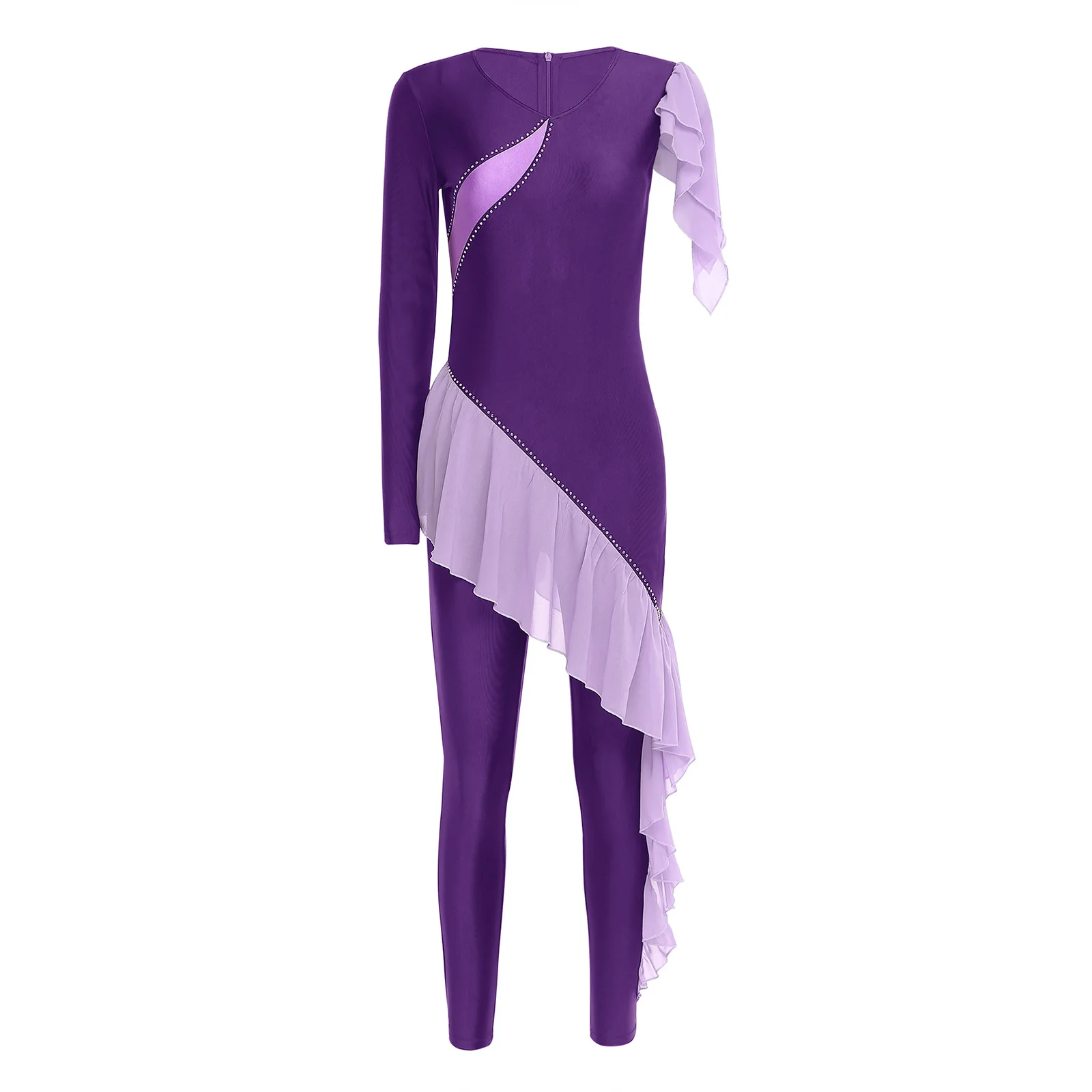 

Women Dance Jumpsuit Figure Skating Gymnastics Ballet Performance Costume Asymmetrical Sleeve Ruffled Trims Full Bodysuit Romper