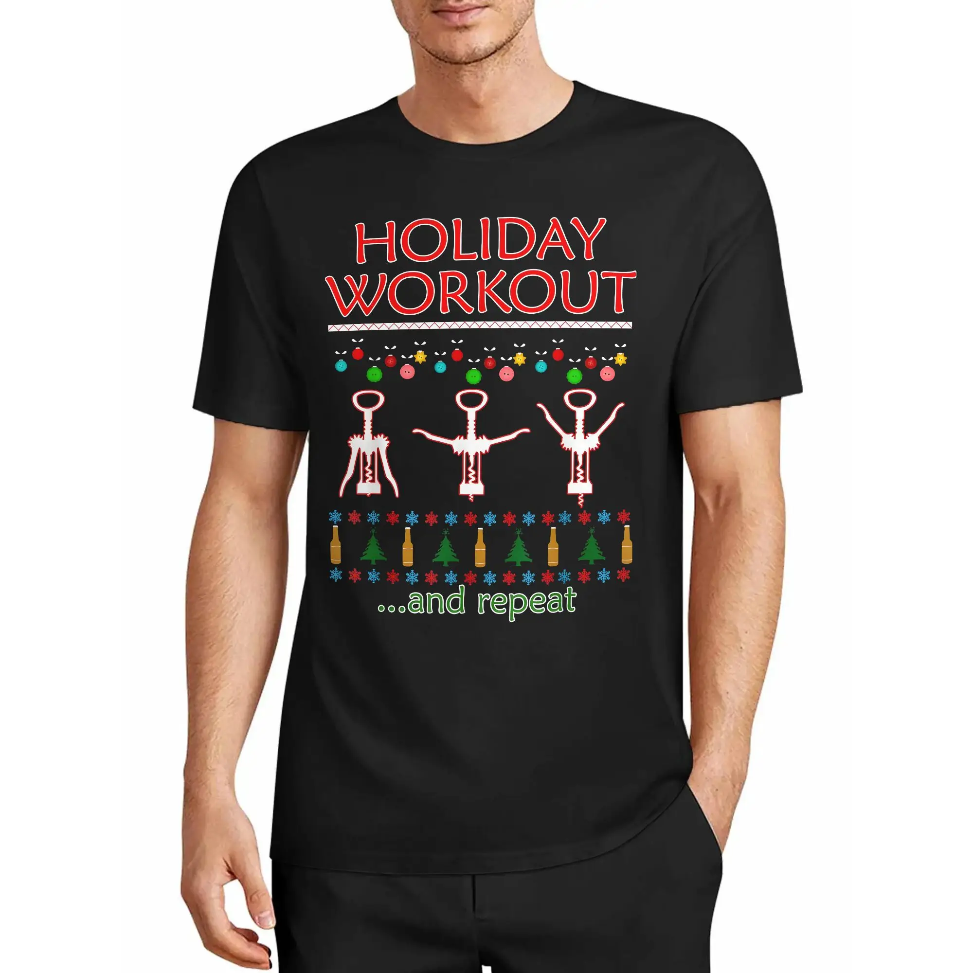 Men's T-Shirt: Holiday Workout Drinks and Repeat Items, Christmas Edition for Wine Lovers