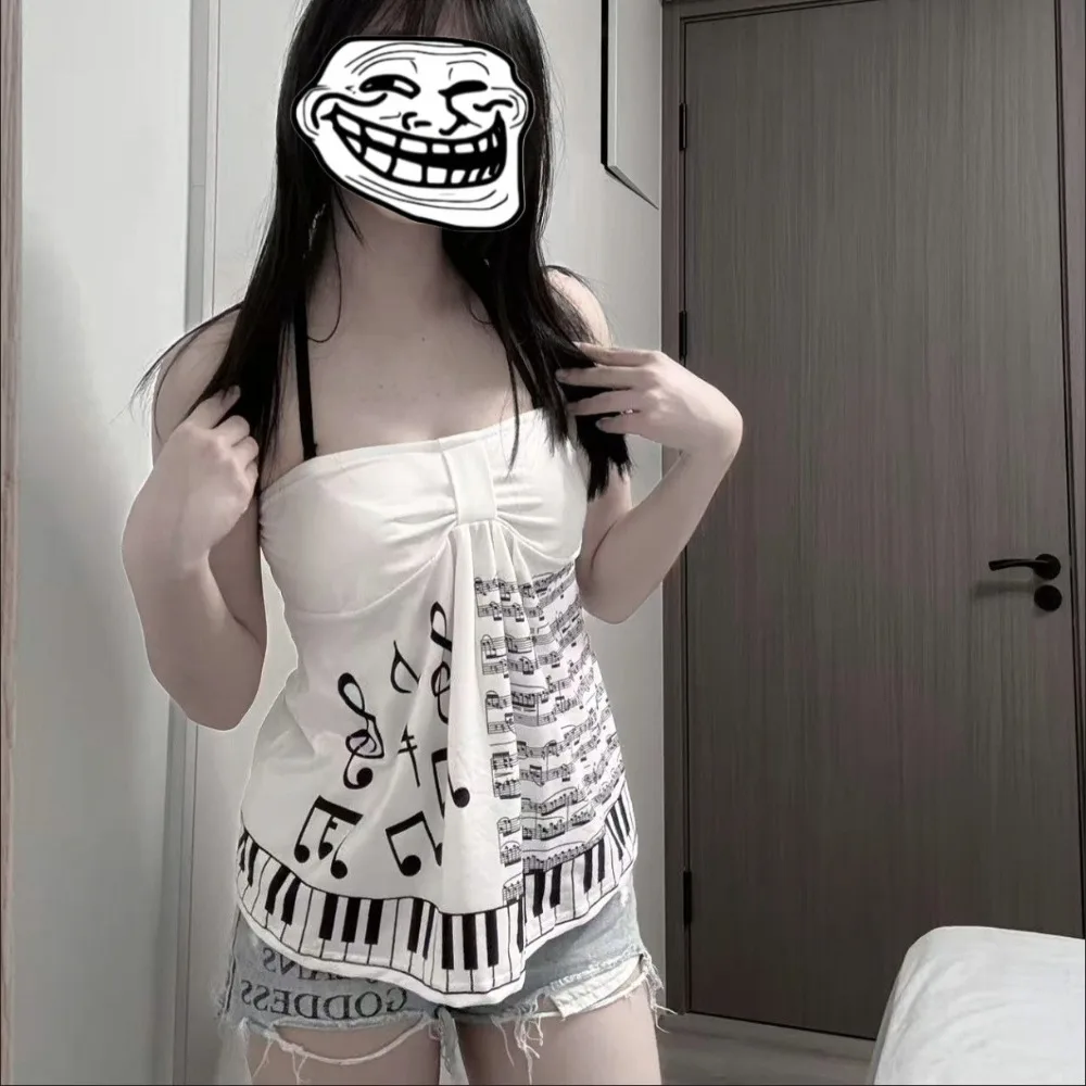 Music Note Piano Key Print Halter Tops Women Y2K Sweet Gothic Strapless Vest Bow Front Ruffle Hem Camisole Fashion Streetwear