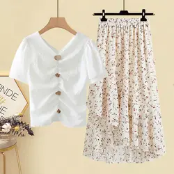 Ensemble chemise longue et jupe trapèze pour femme, style étranger, taille haute, vêtements décontractés, mode coréenne, été, 2 pièces