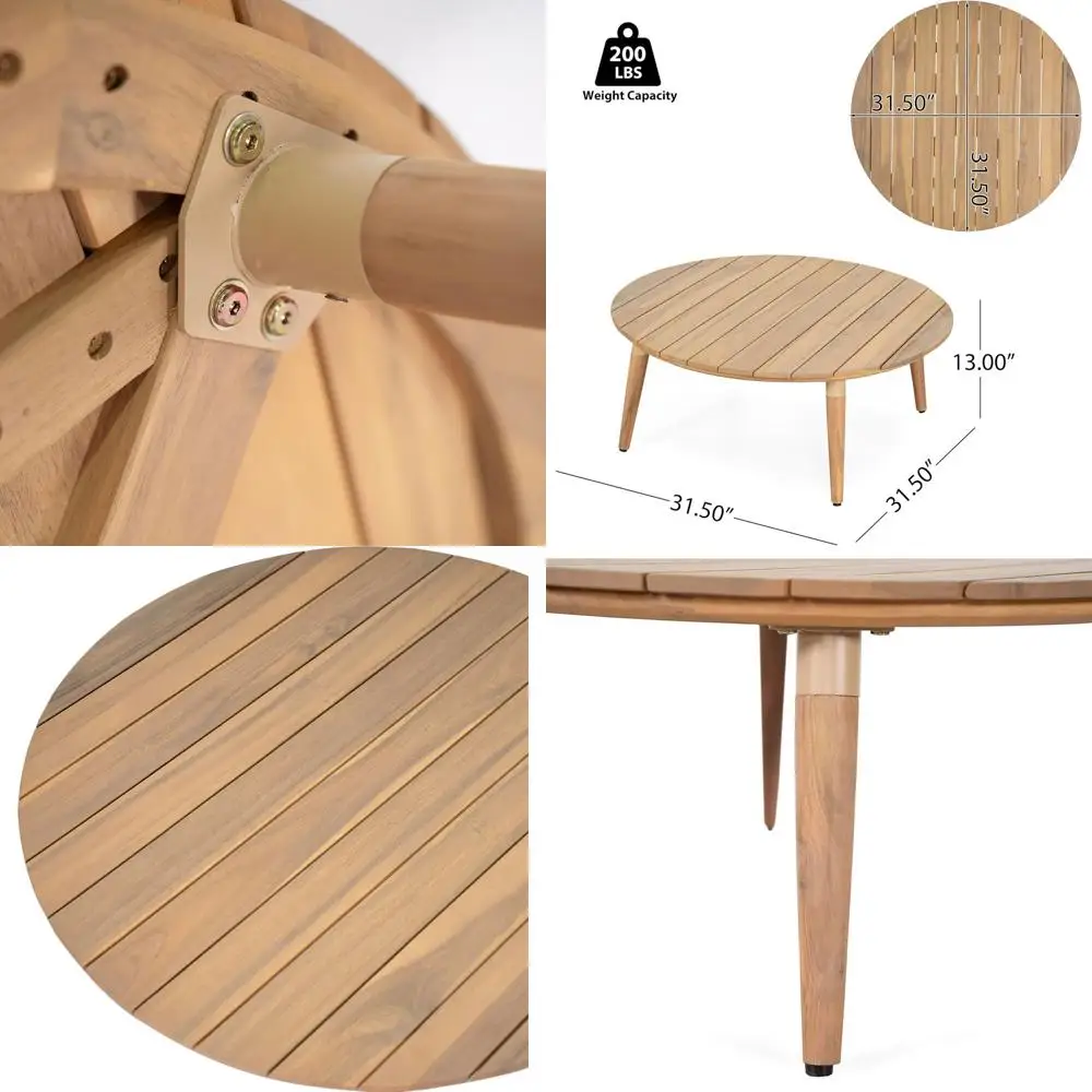 

Acacia Wood Slat Design Outdoor Coffee Table, Natural Round Patio Furniture for Garden, Porch, or Balcony, Low Maintenance.