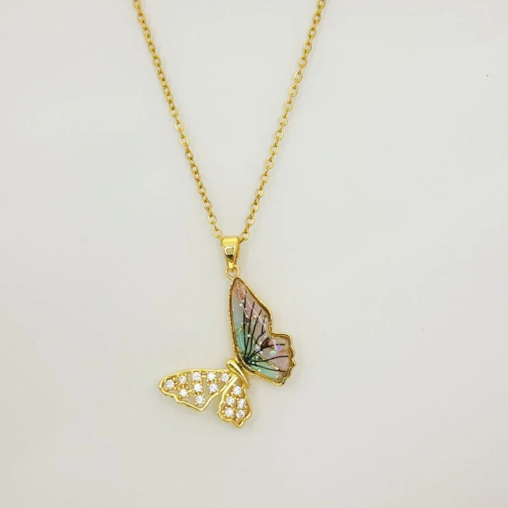 Collana a farfalla da donna - Eleganti gioielli con ciondolo scavato con zirconio ramato e zirconi micro intarsiati, C alla moda