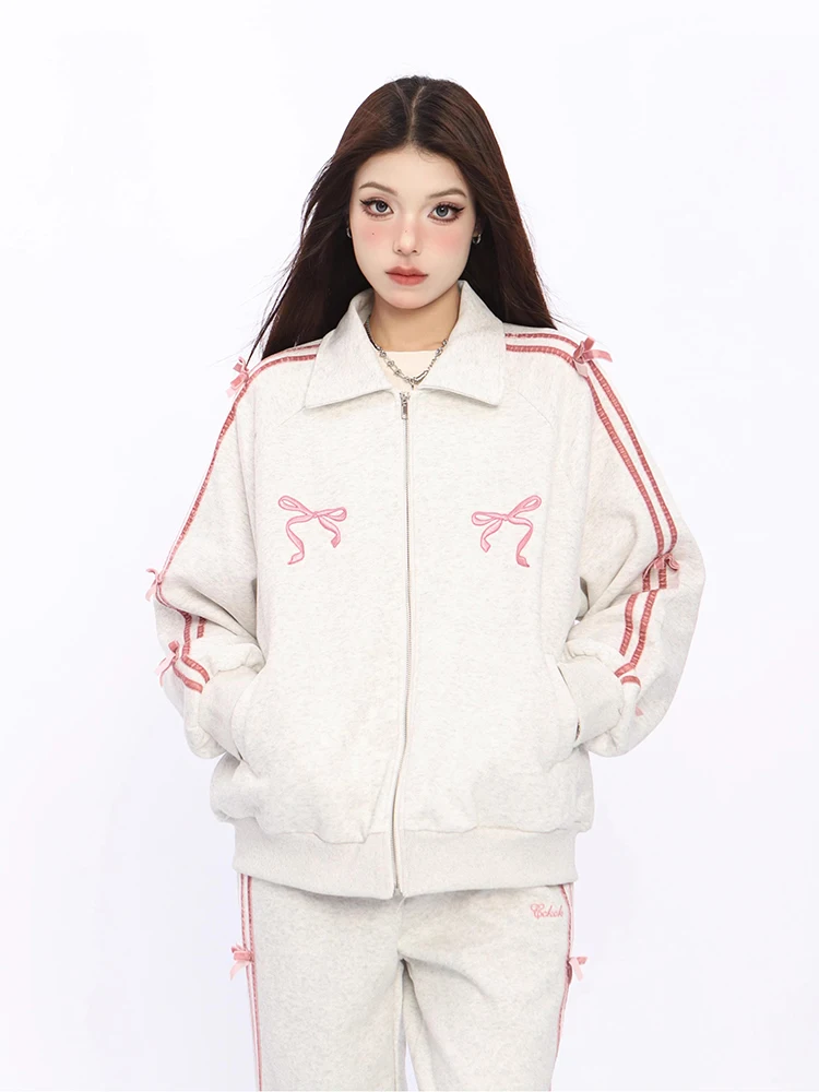 Pink Bow Embroidery 2 Piece Set Women Y2k Sweet Korea Zipper Jacket Wide Leg Pants Two-Piece Sets Harajuku A-line Skirt Suits