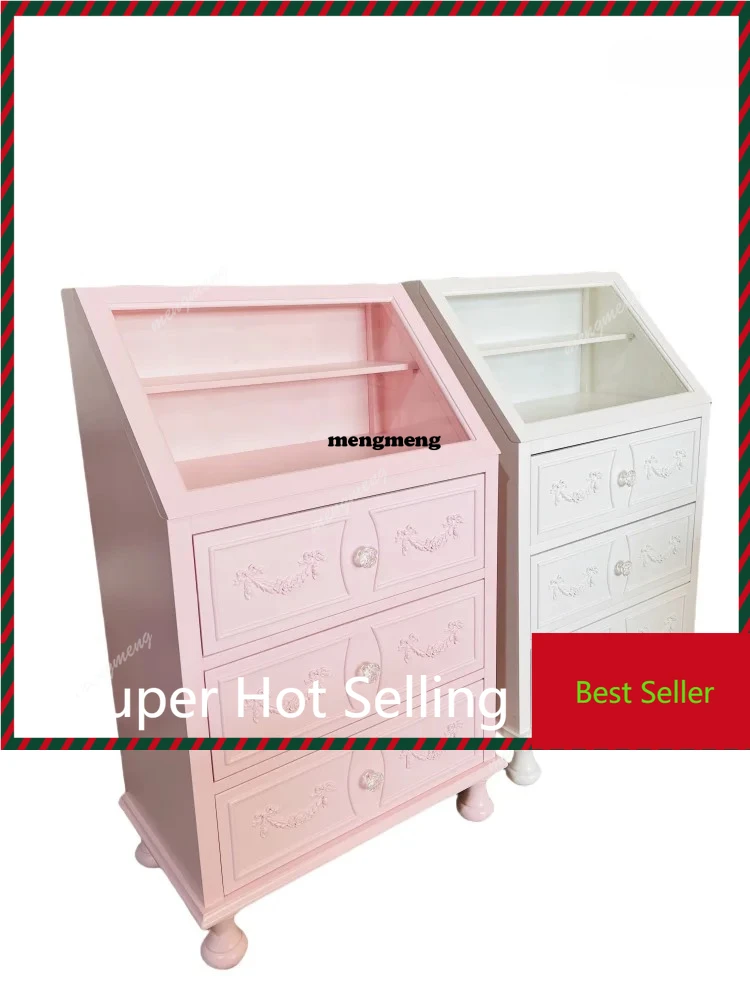 French glass surface solid wood dining side cabinet girl heart storage locker makeup jewelry display cabinet