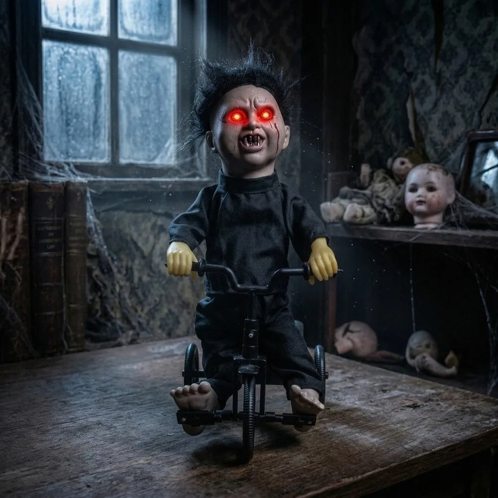 Animated Scary Skeleton on Bike Halloween Decor Sound Detected Movement Screaming Effect Red Eyes Battery Powered