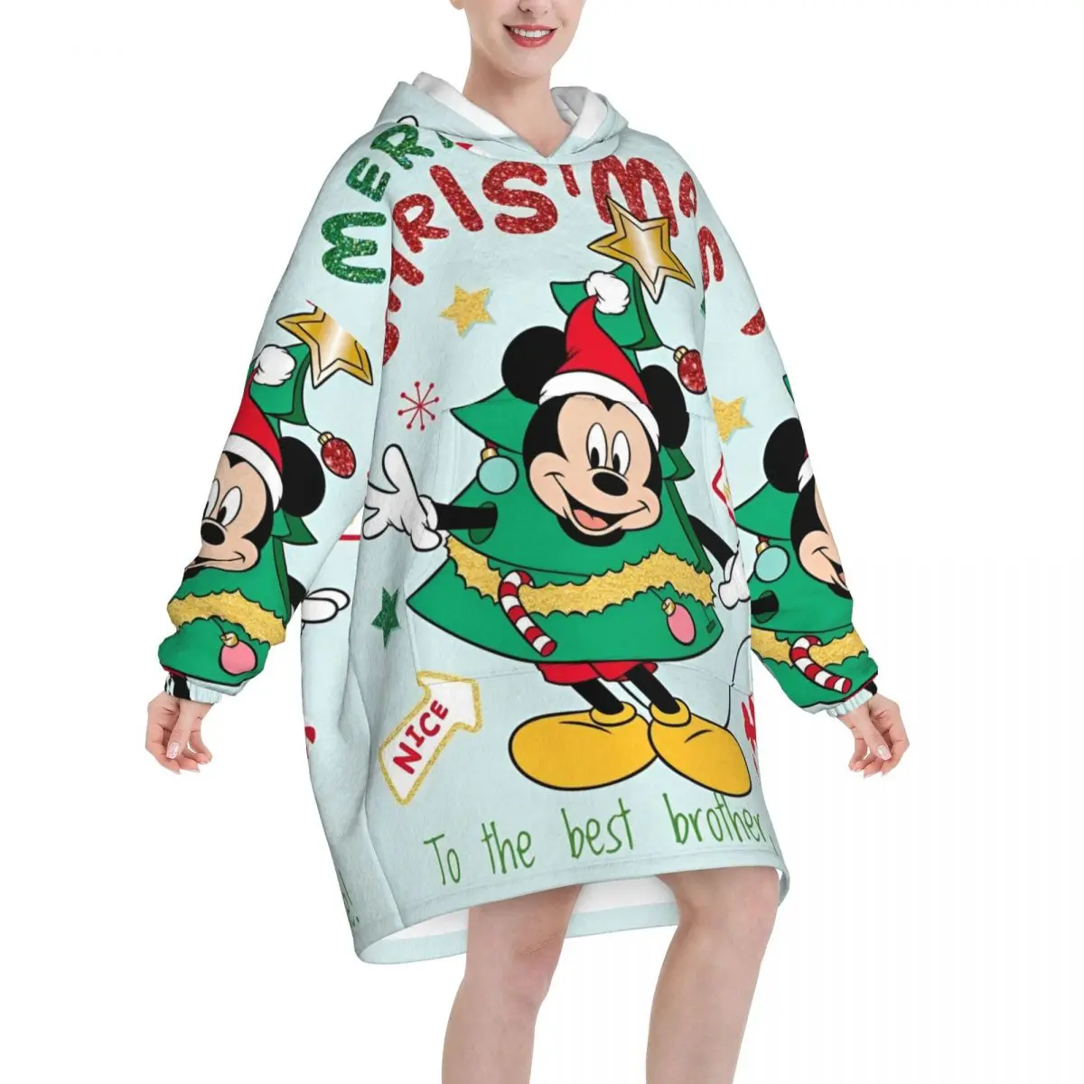 Oversized Merry Christmas Mickey And Minnie Wearable Blanket Winter Gifts Ultrasoft Plush Warm Sweatshirt Blankets With Pocket