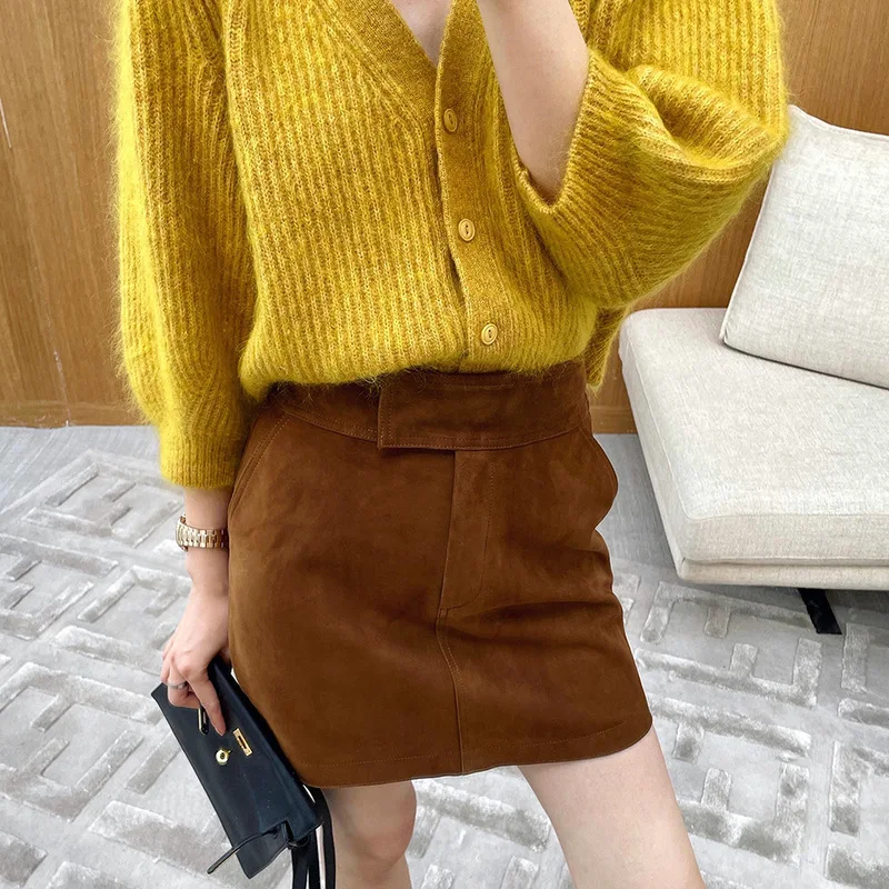 Genuine Leather Skirts Women Fashion Spring Autumn Simple High Waist Caramel/Gray/Purple Sheepskin Suede Wrap Hip Falda Short