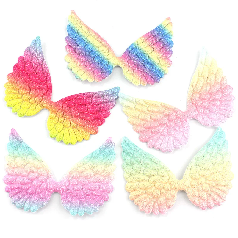 20Pcs 6.5*8.5cm Glitters Rainbow Angel Wings Appliques For DIY Kids Headwear Hairpin Crafts Decoration Clothing Accessories