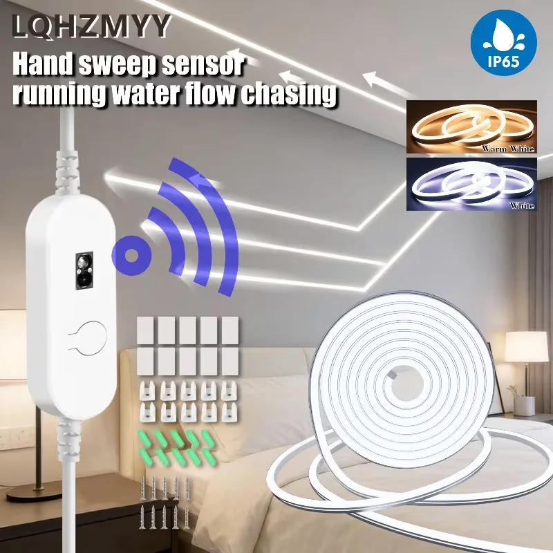 Qhzmyy 1 Piece Hand-Sweep Sensor Neon Light Strip with Ic, Flowing Light, Running Light, Meteor Effect, Chasing Light Mode, Gesture Control Switch, Ambiance Light Strip, Tech-Inspired Flowing Light Strip, Suitable for Stairs, Fences, Gaming Rooms, Kitchens, Corridors, Tv Backgrounds, Ceilings, and Other Decorations