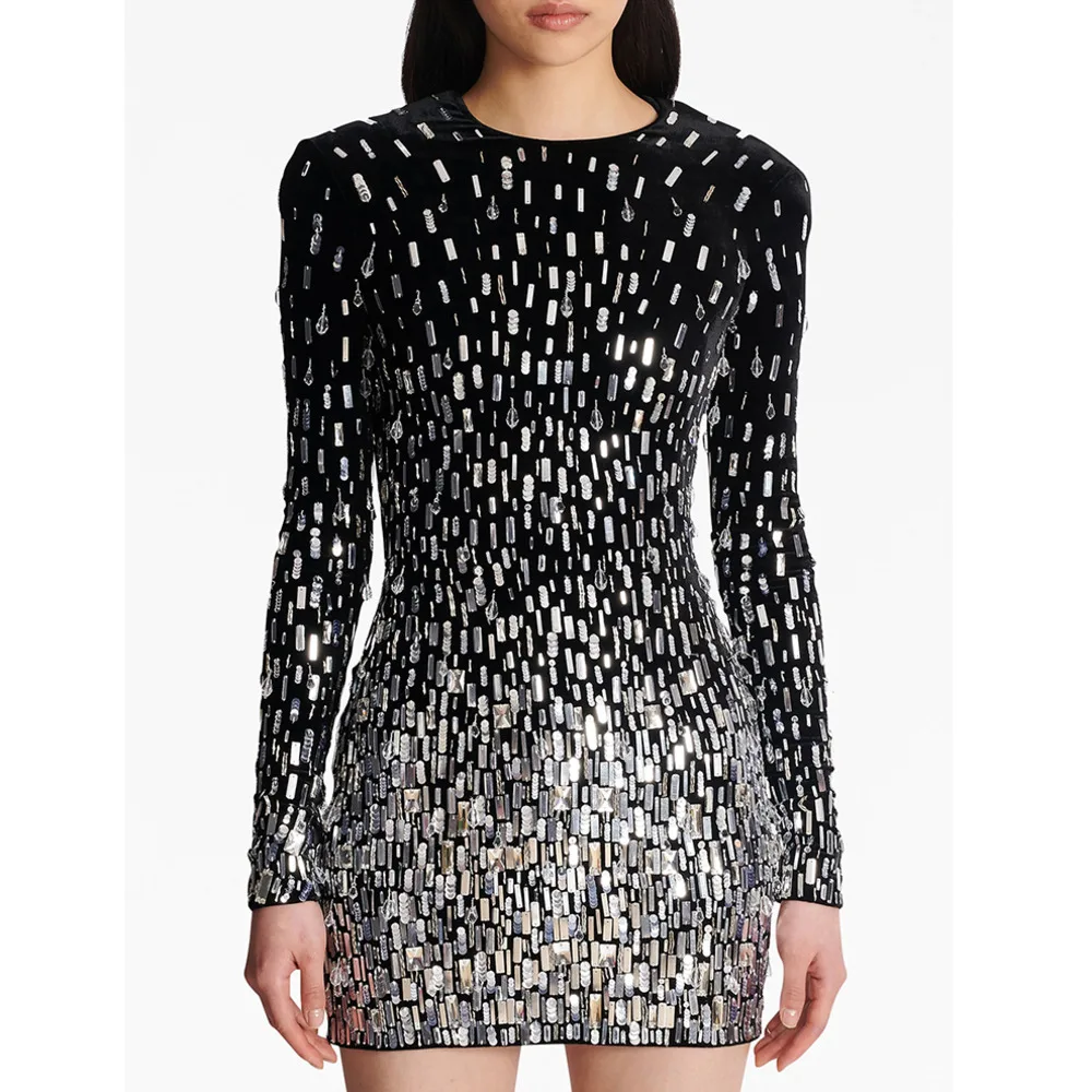 

HIGH STREET Newest Fashion 2024 Designer Women's Long Sleeve Luxurious Sequined Crystal Beaded Velvet Mini Dress