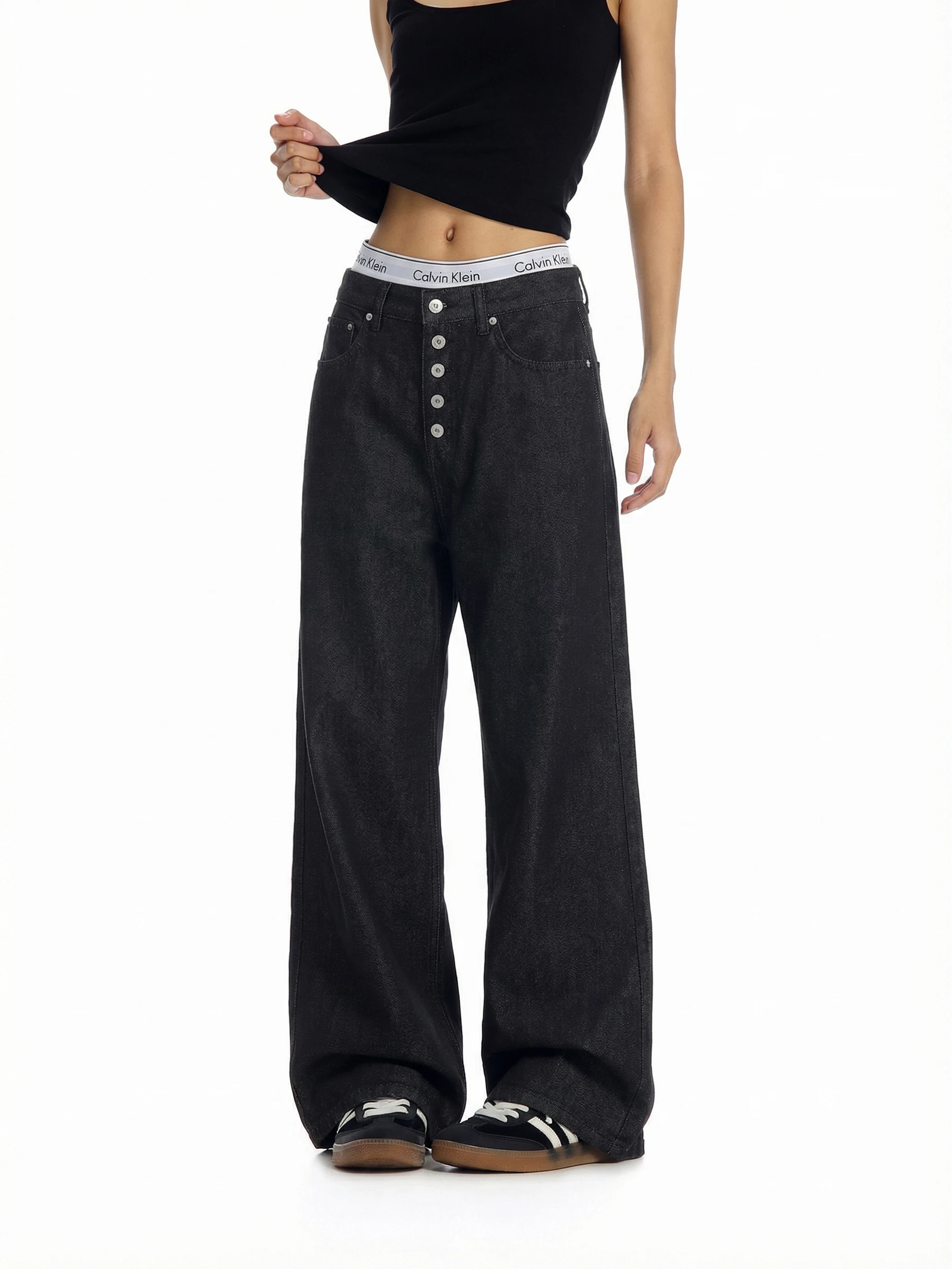 

Винтажные женские джинсы прямого кроя Cleanfit с пуговицами, свободные, струящиеся, повседневные, универсальные, черные, из денима, в стиле Beer Captain, летний стиль