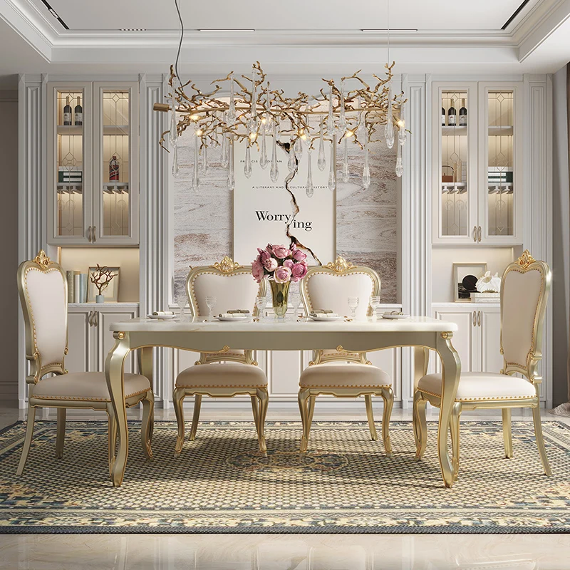 American light luxury solid wood dining table European restaurant rectangular high-end luxury champagne gold leather