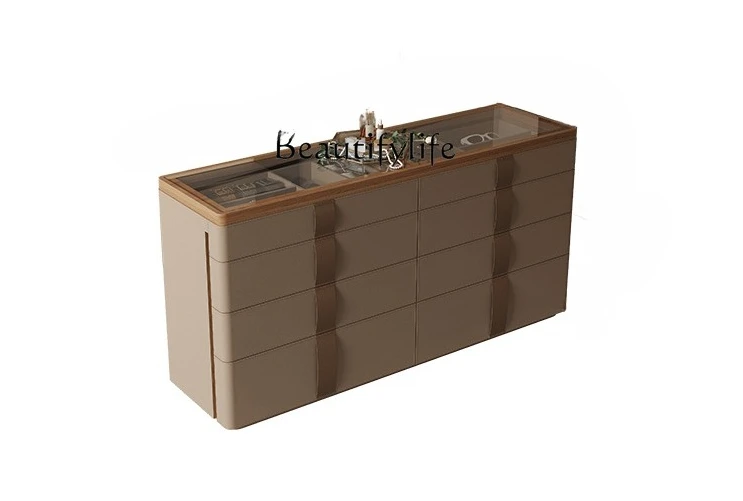 

Solid Wood Eight-Drawer Cabinet Italian Style Cloakroom Modern Saddle Leather Minimalist Floor Storage Display Cabinet
