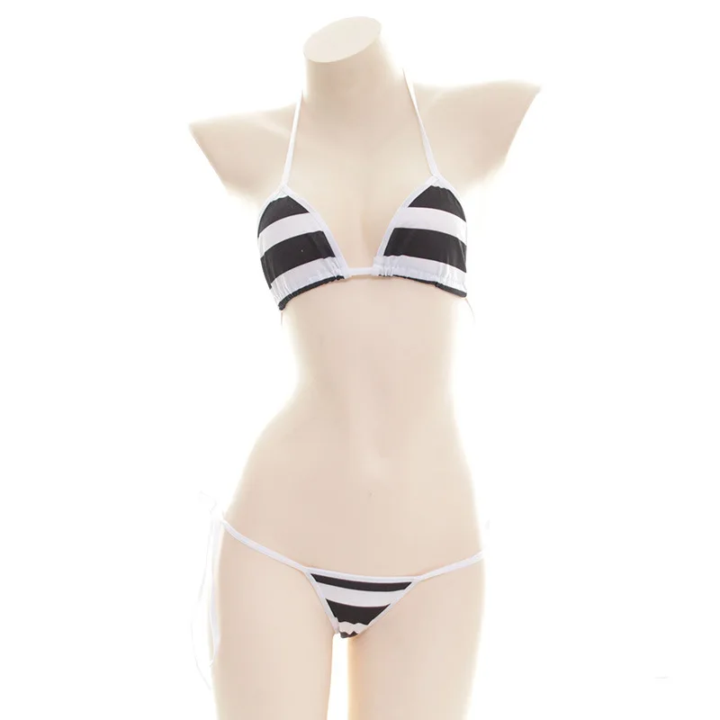 

Women Sexy Stripe Bikini with Adjustable Tie-Side Schoolgirl Style Swimsuit Uniform Temptatio Cosplay Costume Bikinis One-piece