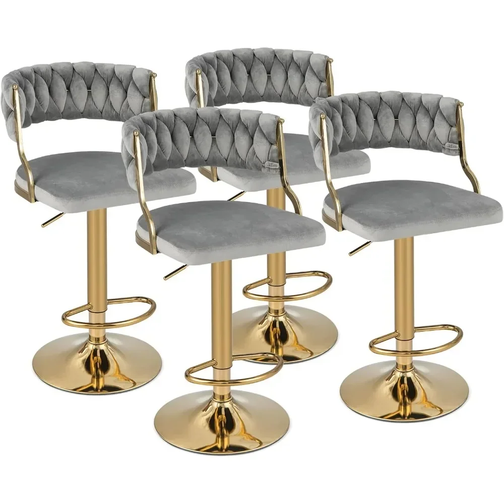 Velvet Adjustable Bar Stools, Max Load 400 Lbs, Modern Upholstered Swivel Barstools with Woven Back（Set Of 4）