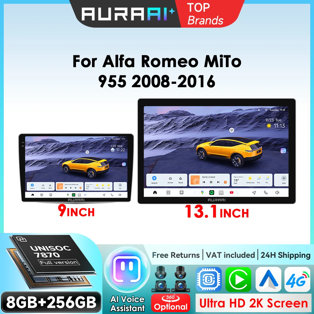 AURAAI 2Din Auto-Multimedia-Player für Alfa Romeo MiTo 955 2008–2016 GPS Carplay 4G AI Intelligenter Bildschirm Autoradio Multimedia