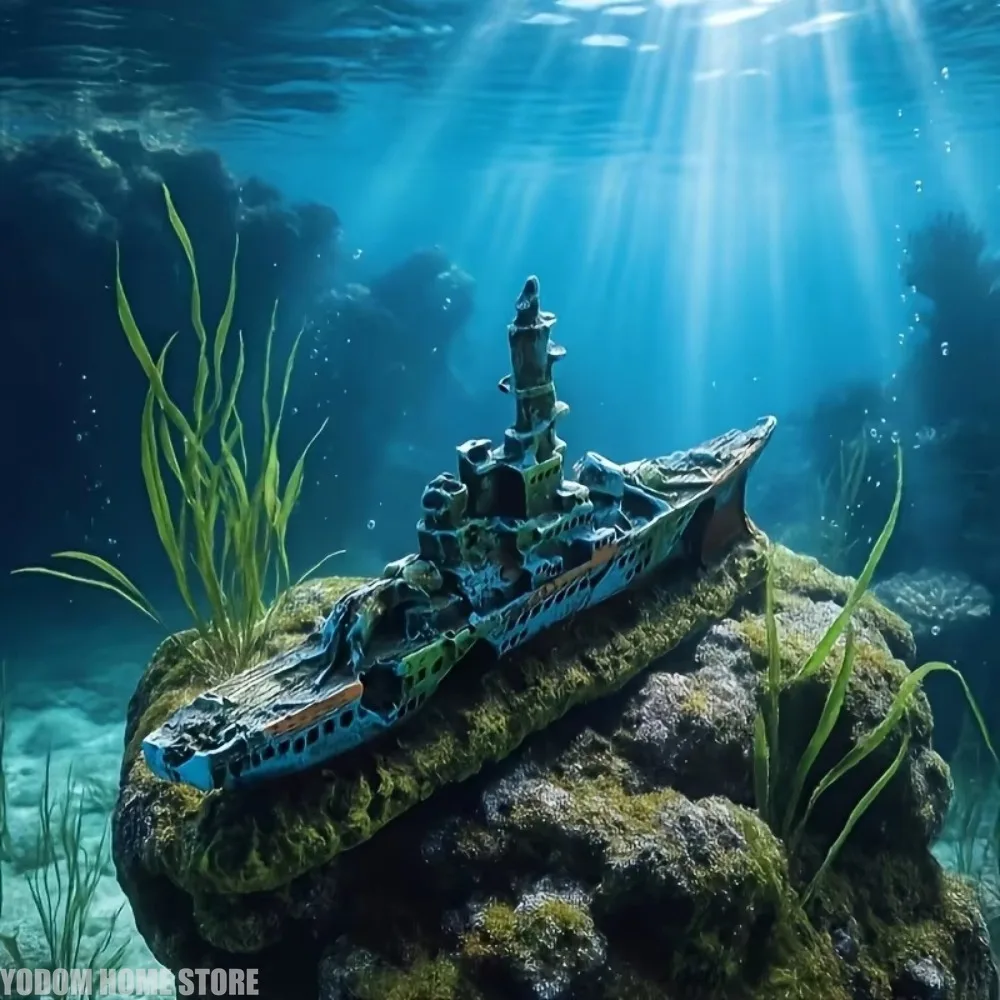 Aquarium Decoration Shipwreck Landscape with Textured Rock Design - Fish Habitat, Solid Structure Suitable for Aquatic Pets