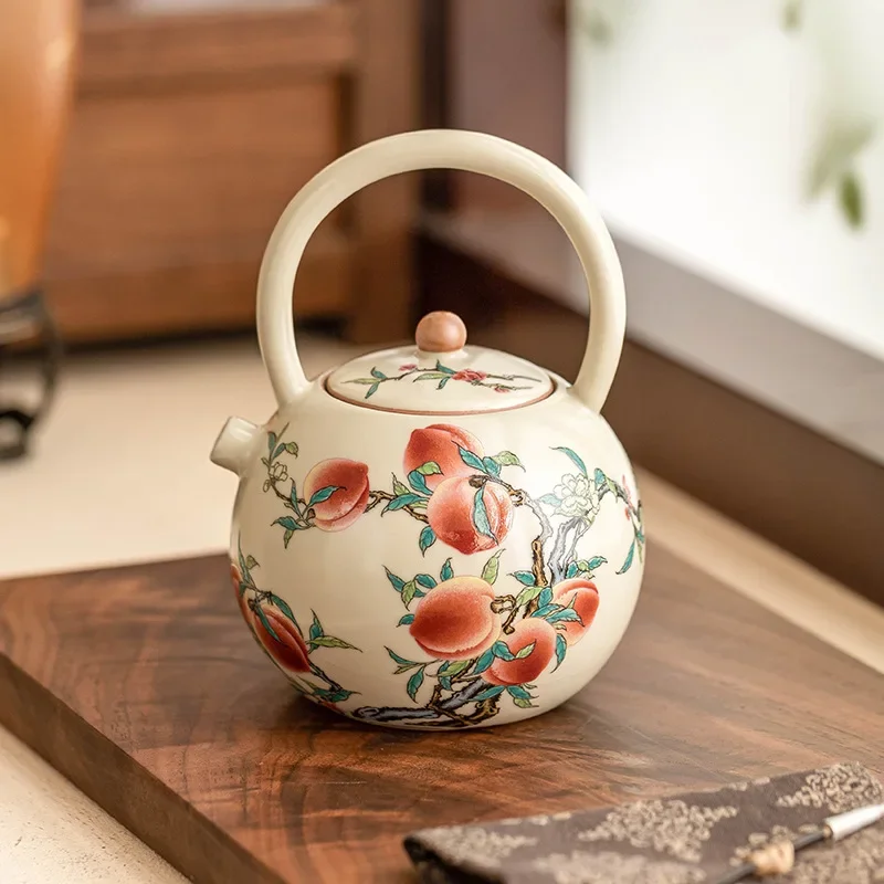 250ML Peach Ru Kiln Teapot Chinese Ceramic Beam Pot Kung Fu Tea Set Household Open Large Capacity Brewing Teapot Craft Ornaments