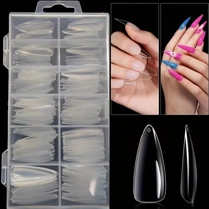 240 Transparent Nail Stickers, Including Coffin-Shaped, Almond-Shaped, Pointed, Oval, Square, and Other Shapes, 12 Different Sizes of Full Coverage Acrylic Press-On Nails, Suitable for Home DIY Nail Art and Nail Salons
