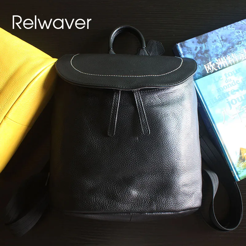 Relwaver SR-Sac d'École en Cuir de Vache group pour Femme, Naturel, Jaune, Noir, Décontracté, Couverture de Seau Souple