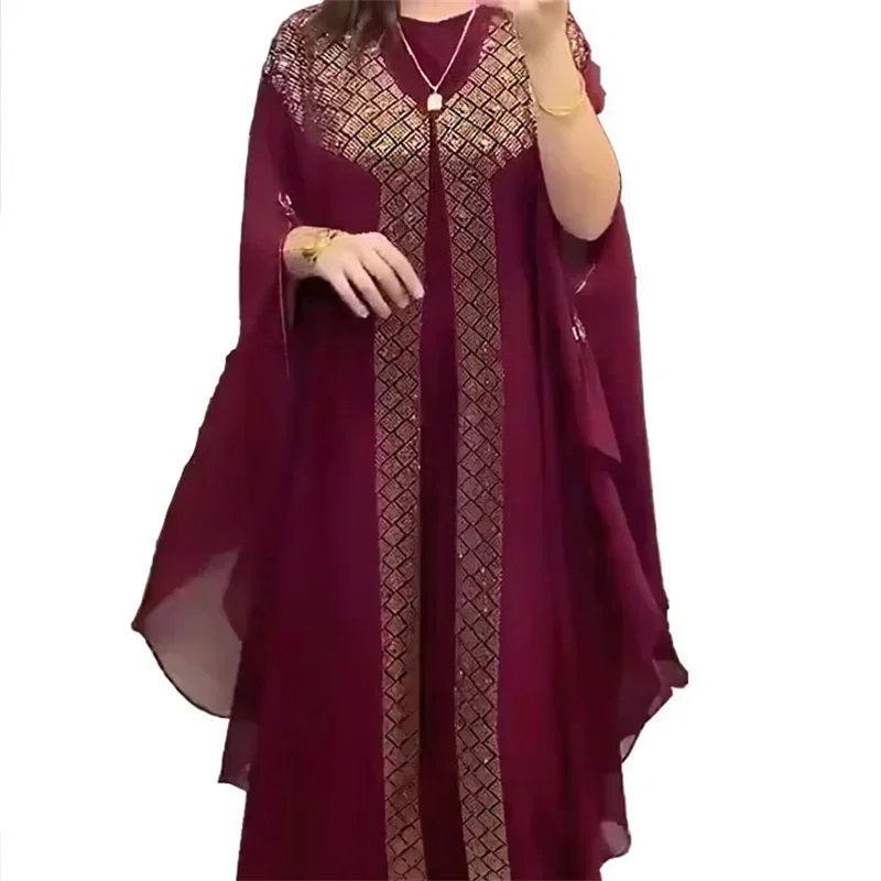 Rhinestones African Dress for Women Kaftan Africa Clothing Muslim Robe Chiffon Long Dress Islam Muslim Abaya 2 Piece Set 8296#