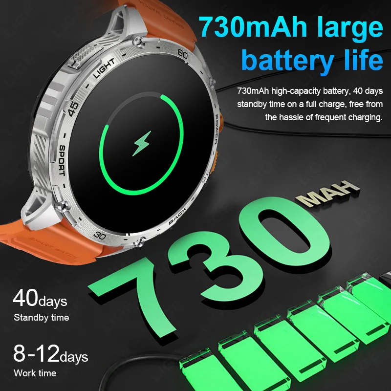 LIGE 730mAh Large Battery Ultra Long Standby Time LED Flashlight Men Bluetooth Call Smartwatch Waterproof 1.75inch Amoled Screen