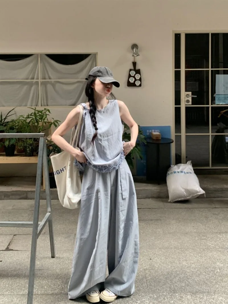 Women's Sleeveless Tank Top and Casual Pants Two Piece Set Ruffle Detail Drapey Fit Slimming Effect Summer 2026 Fashion