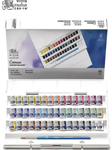 Winsor & Newton Cotman 단색 수채화 물감 세트 풀 컬러 45 조각 브러시 아티스트 휴대용 그림 용품이있는 하프 트레이