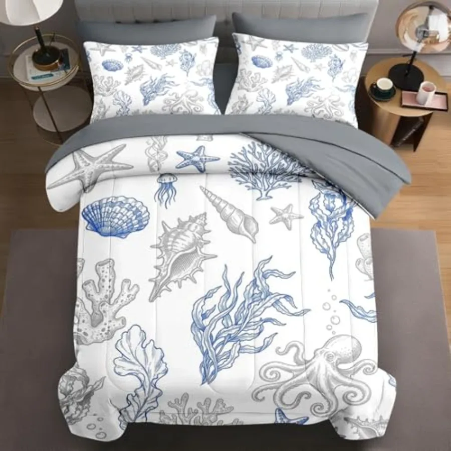 

Comforter Set Size, Sea Shell Coral 5 Pcs Bedding for and Adults, Vintage Beach Starfish Bed Sheet Sets with Fitted Sheet Pillo