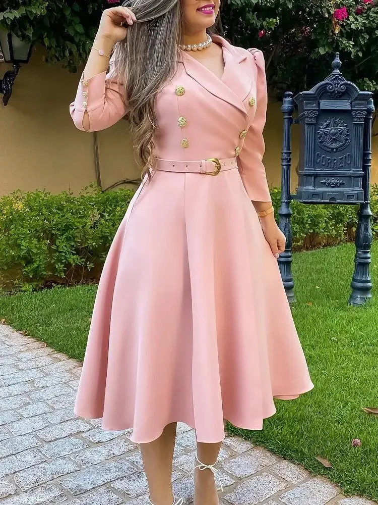 

Autumn Dress For Women Fashion Versatile Casual Solid Button Long Lapel Pleated Strap Waistband Pullover Dresses A Line Midi