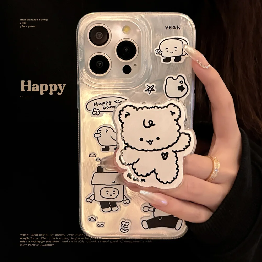 Simple iphone14 ins sticker Wind Bear stand phone case iphone15promax for iphone13 Feathered iphone16