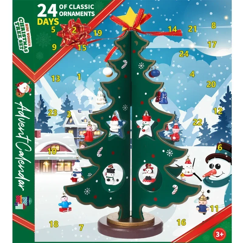 24-day Countdown Arrival Calendar 2024 Christmas Wooden Calendar Children DIY Blind Box Toys Christmas Tree Crafts Ornaments