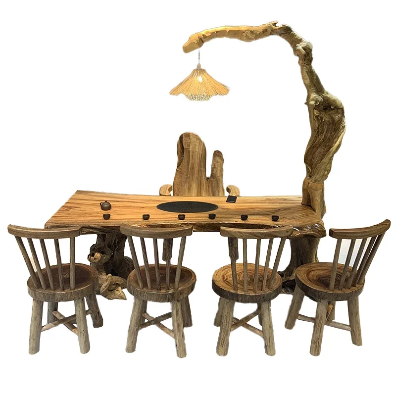 

Dining table solid wood tea table tea table set B & B art style camphor wood rectangular large board log pastoral