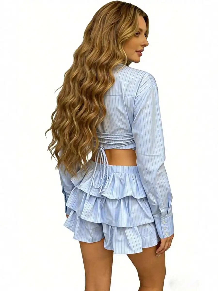 

Women 2 Piece Stripe Crop Top And Ruffle Skorts Set Long Sleeve Button Down