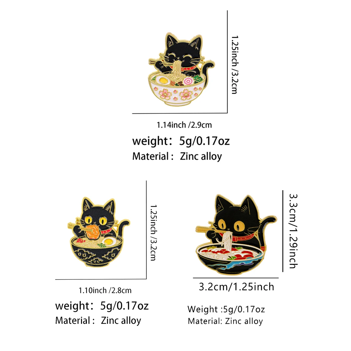 2/3-teiliges Set Niedliche Schwarze Katze Emaille-Anstecknadel Japanische Nudel Cartoon-Abzeichen für Rucksäcke Kragen Reversnadel Hut Schmuck Geschenke für Freunde – Detail 1